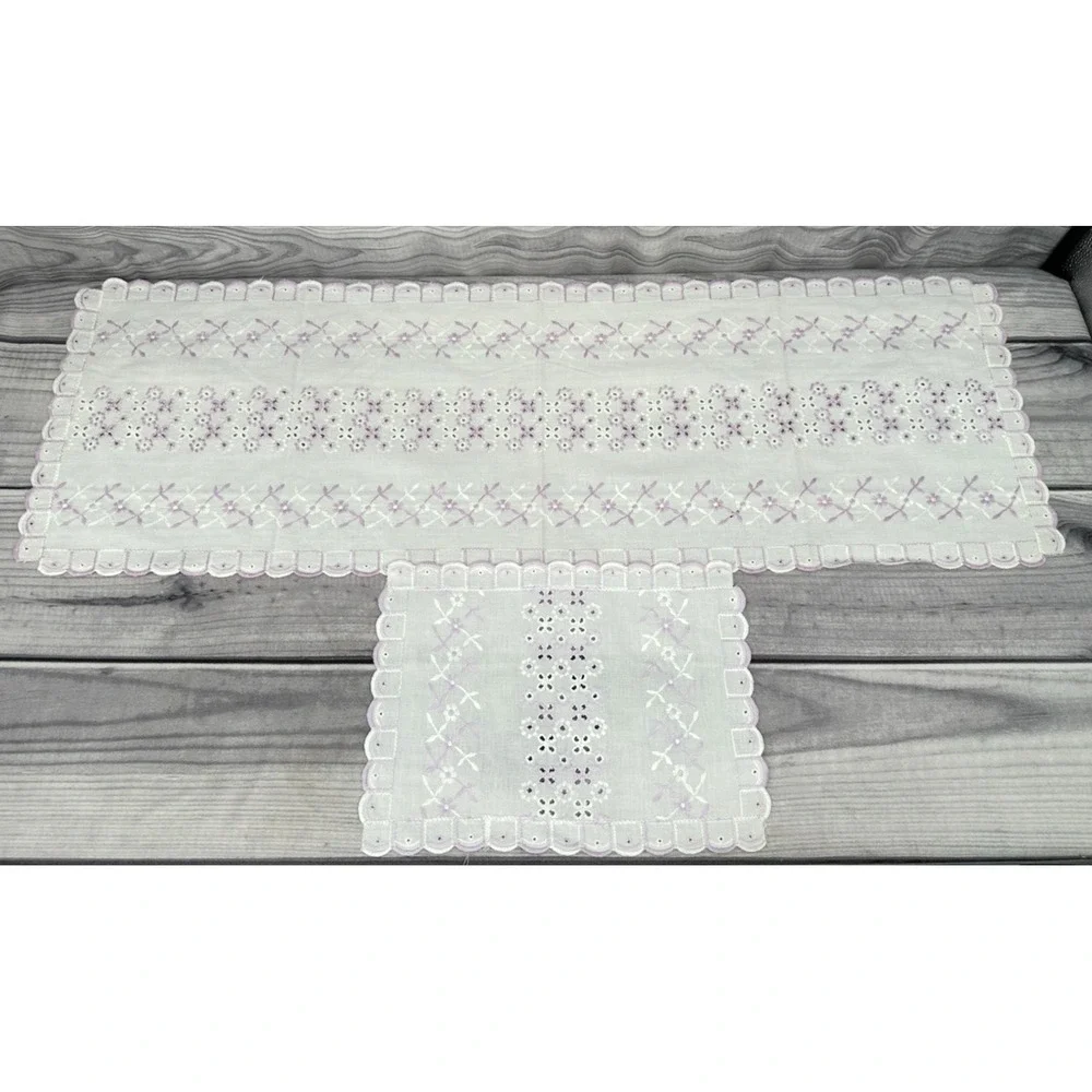 2 VINTAGE EMBROIDERED EYELET TABLE / DRESSER SCARF - WHITE‎ / LAVENDER *16